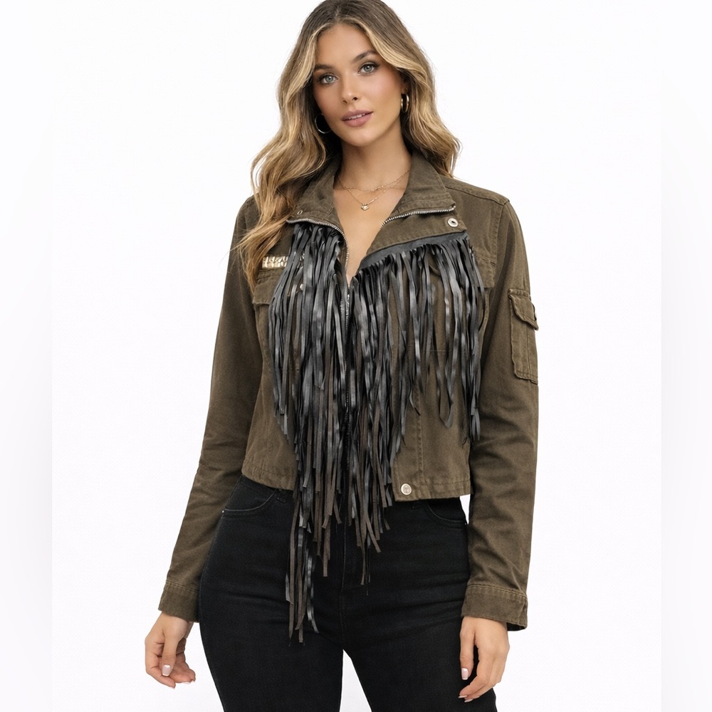Missguided Green Military Utility Jacket Size 6 with‎ Black Fringe